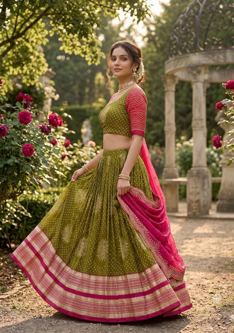 Green Printed Silk Blend Lehenga Set - Indya
