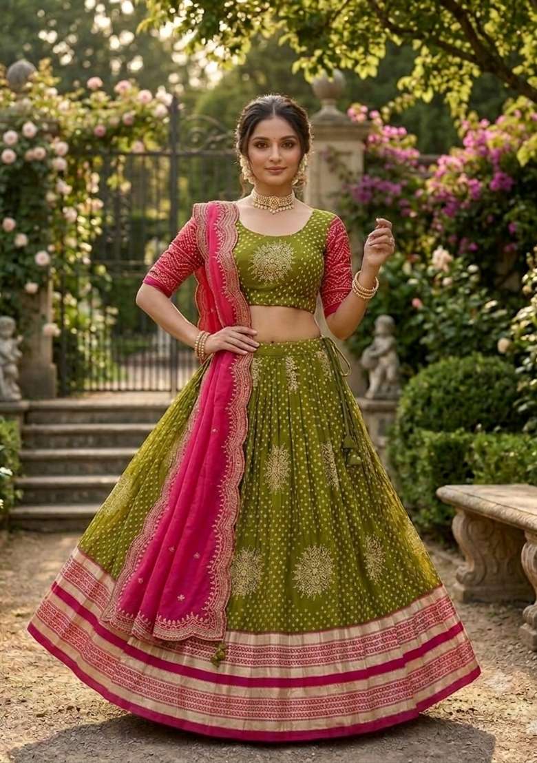 Green Silk Blend Lehenga Set with Printed for Diwali | Wedding & Festive Wear - Indya