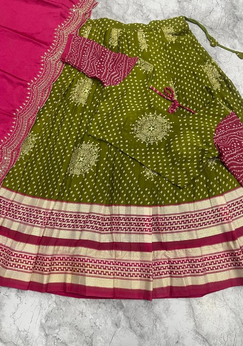 Green Printed Silk Blend Lehenga Set - Indya
