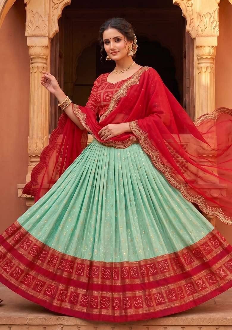 Sky Blue Printed Silk Blend Lehenga Set for Diwali and Festive Wear - Indya