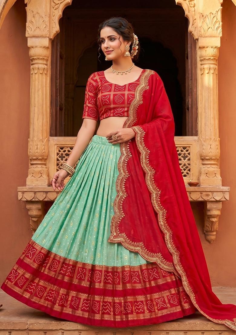 Sky Blue Printed Silk Blend Lehenga Set - Indya