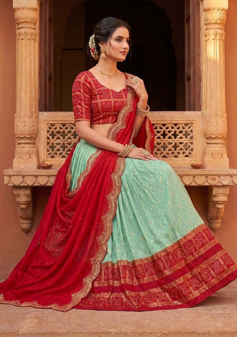 Sky Blue Printed Silk Blend Lehenga Set for Diwali and Festive Wear - Indya