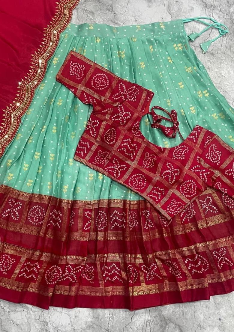 Sky Blue Printed Silk Blend Lehenga Set - Indya