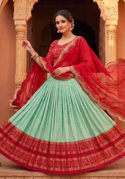 Sky Blue Printed Silk Blend Lehenga Set