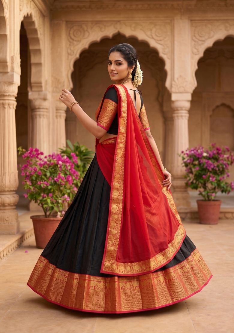 Black Zari Work Silk Blend Lehenga Set - Indya