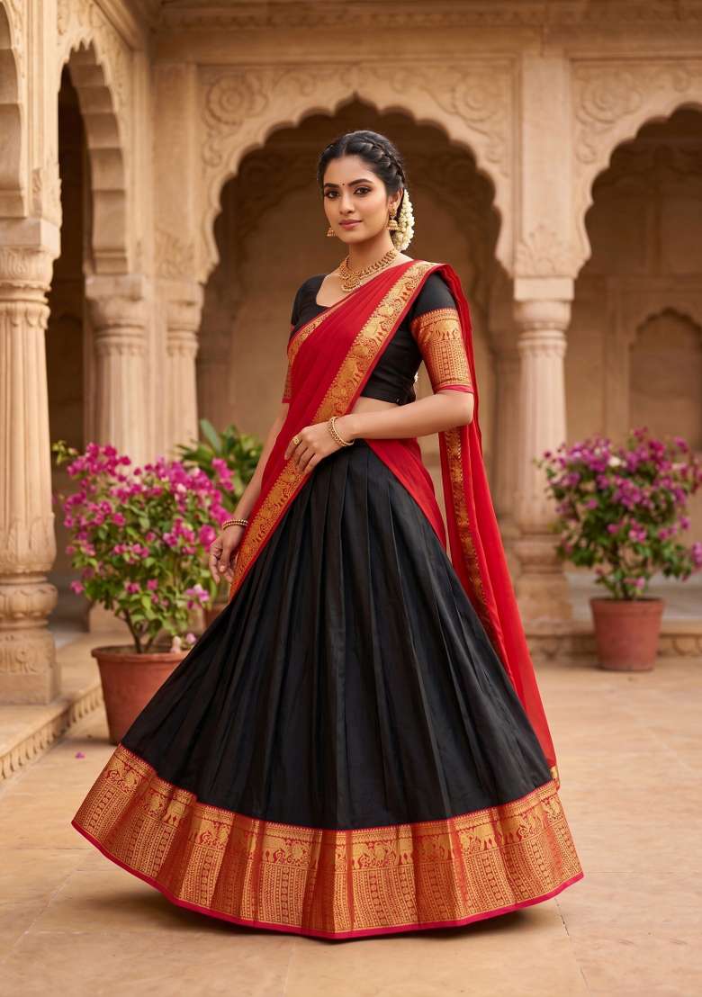 Black Silk Blend Lehenga Set with Zari Work for Diwali | Wedding & Festive Wear - Indya