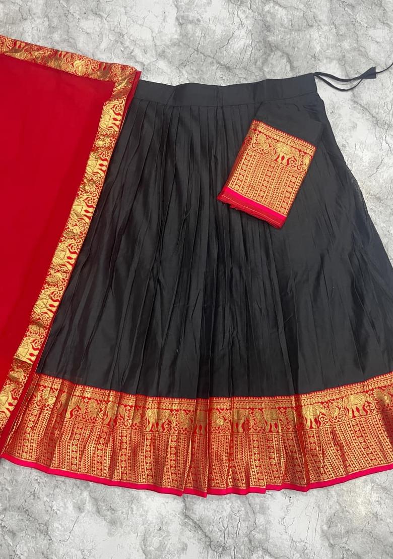 Black Zari Work Silk Blend Lehenga Set - Indya