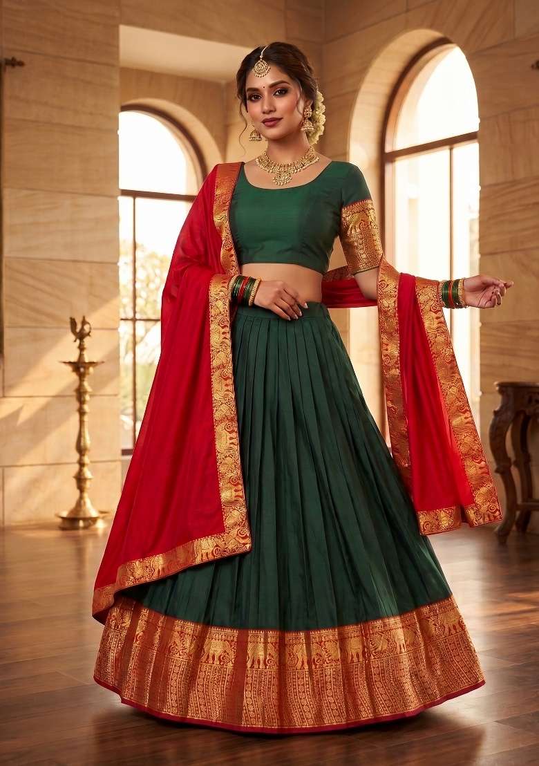 Green Silk Blend Lehenga Set with Zari Work for Diwali | Wedding & Festive Wear - Indya