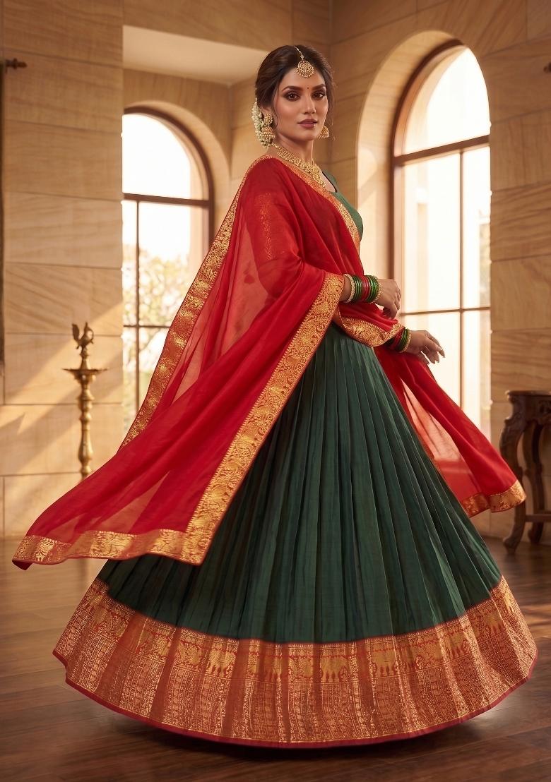 Green Zari Work Silk Blend Lehenga Set - Indya