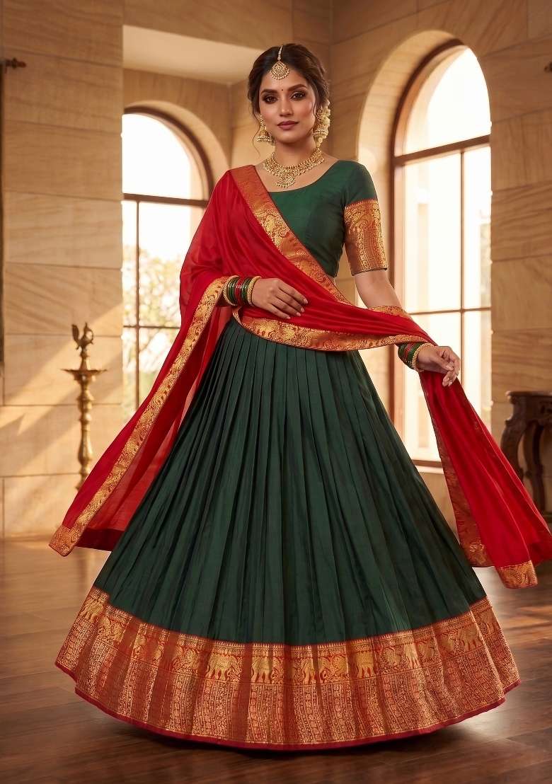 Green Silk Blend Lehenga Set with Zari Work for Diwali | Wedding & Festive Wear - Indya