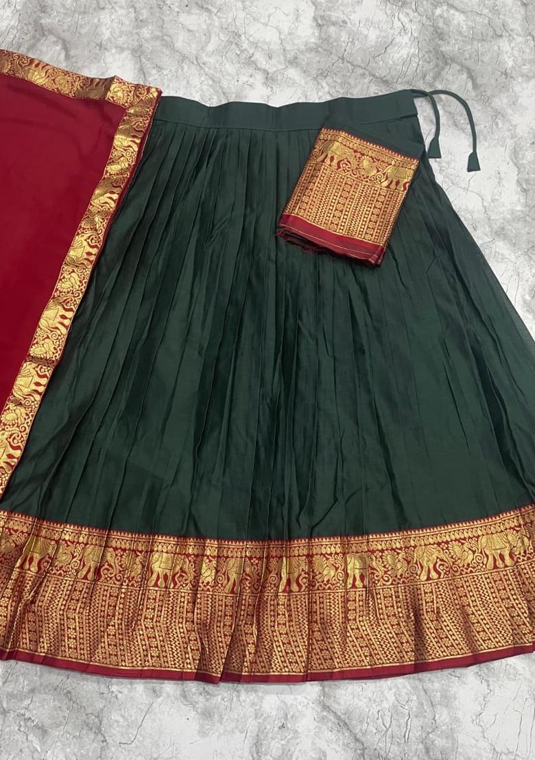 Green Zari Work Silk Blend Lehenga Set - Indya