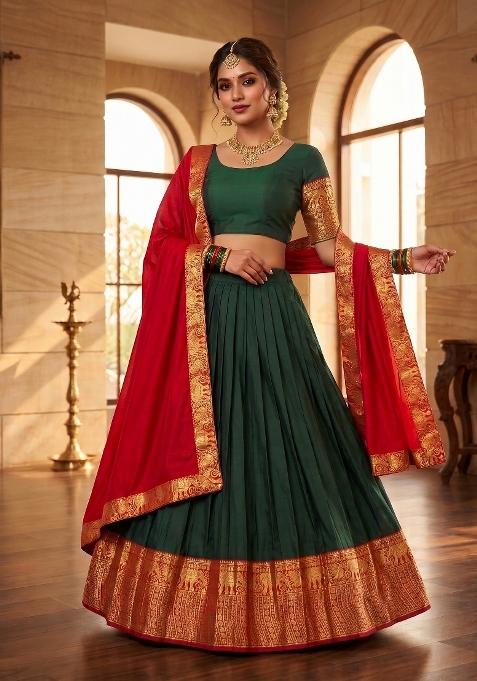 Green Zari Work Silk Blend Lehenga Set