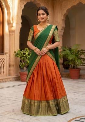 Orange Zari Work Silk Blend Lehenga Set