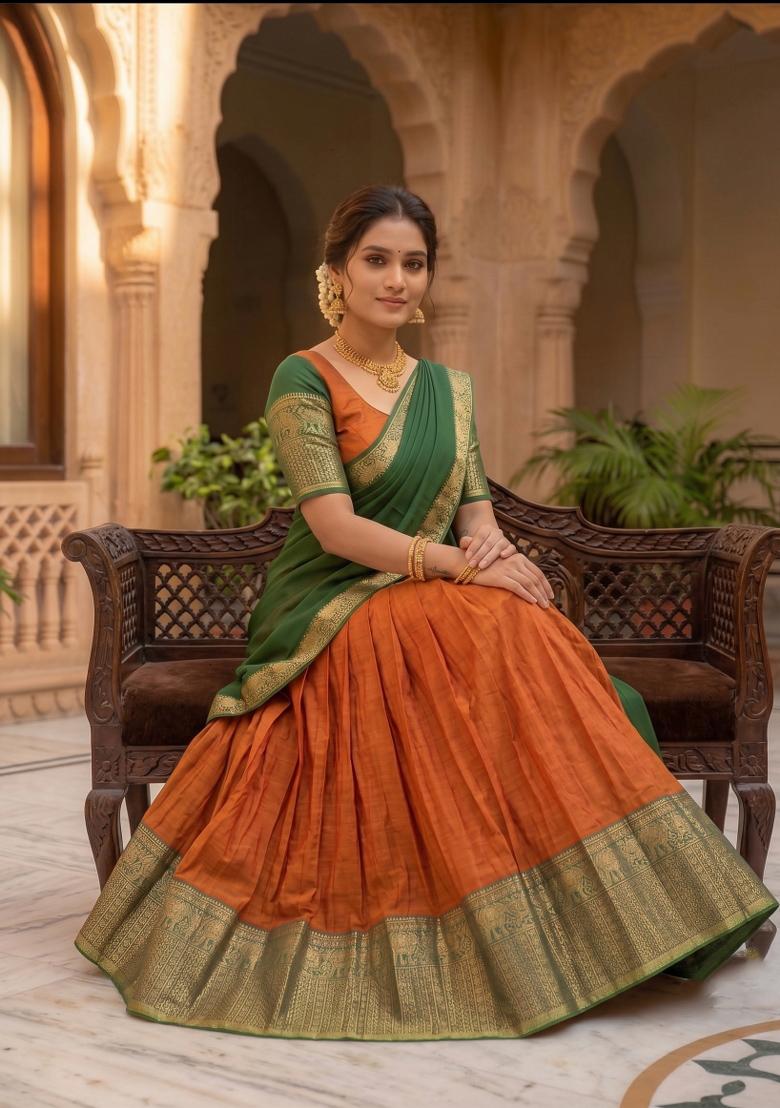 Orange Zari Work Silk Blend Lehenga Set - Indya