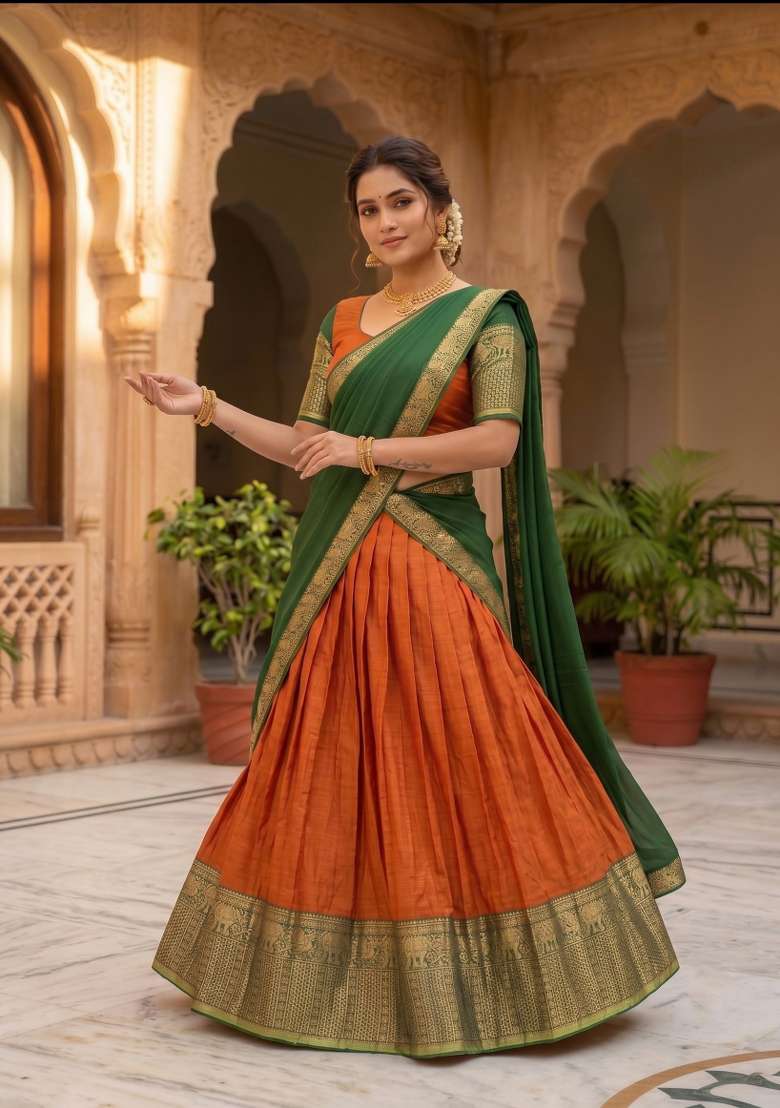 Orange Silk Blend Lehenga Set with Zari Work for Diwali | Wedding & Festive Wear - Indya