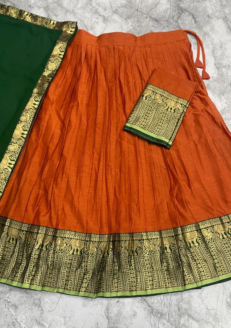 Orange Zari Work Silk Blend Lehenga Set - Indya