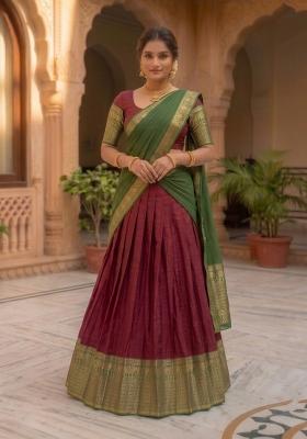 Wine Zari Work Silk Blend Lehenga Set