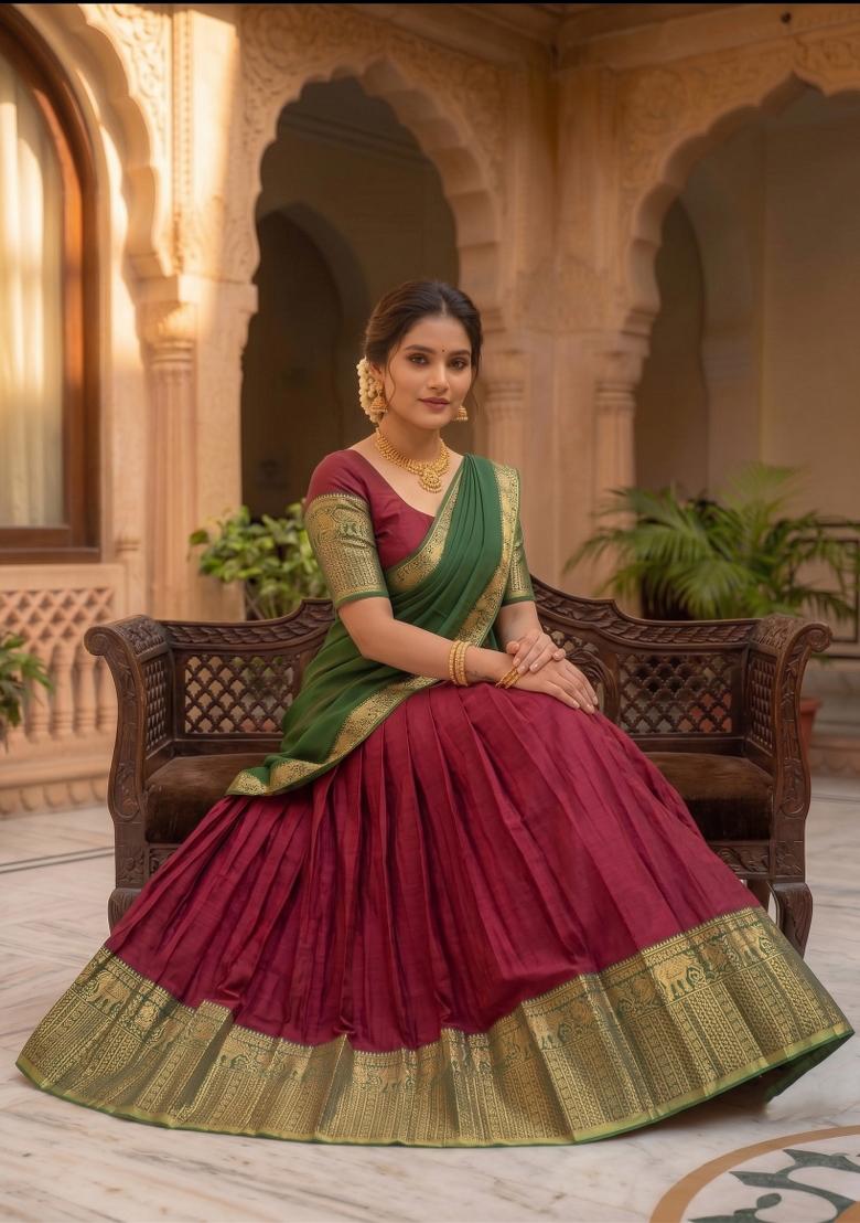 Wine Zari Work Silk Blend Lehenga Set - Indya