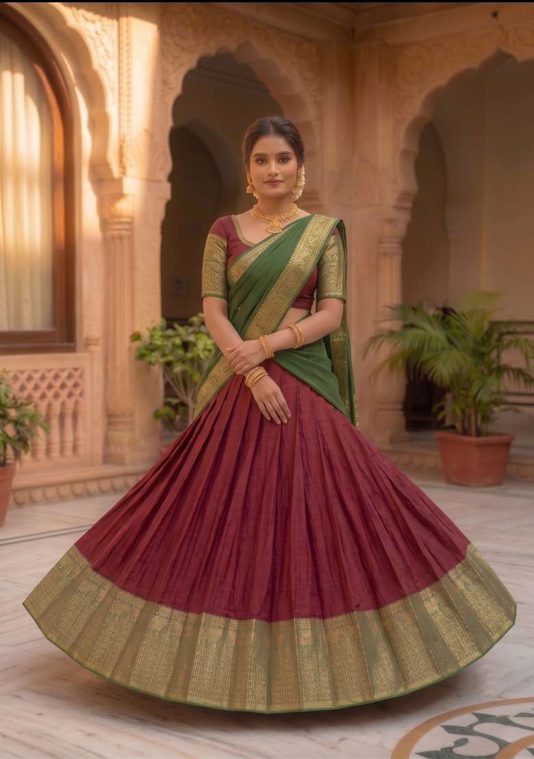 Wine Zari Work Silk Blend Lehenga Set for Diwali and Festive Wear - Indya