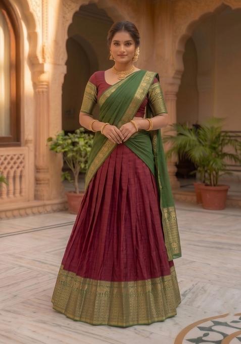 Wine Zari Work Silk Blend Lehenga Set