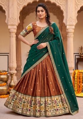 Brown Embroidered Silk Blend Lehenga Set