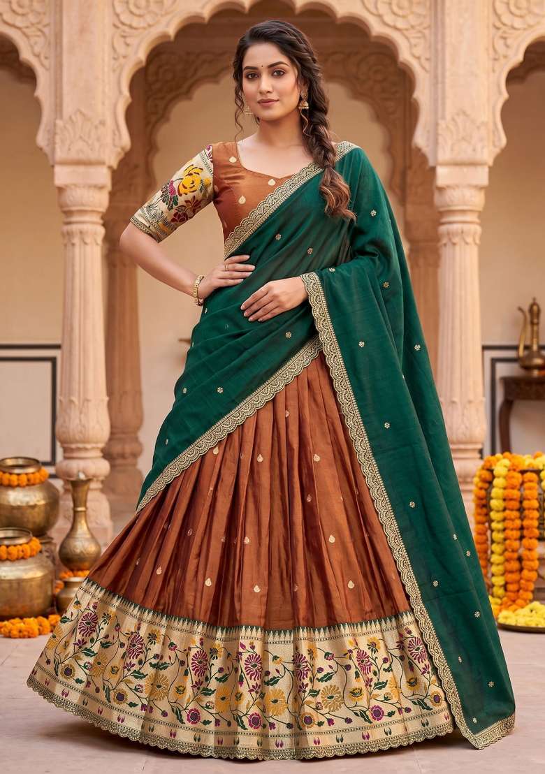 Brown Silk Blend Lehenga Set with Embroidered for Diwali | Wedding & Festive Wear - Indya
