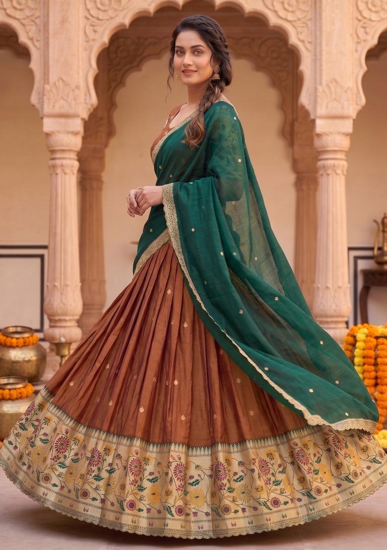 Brown Embroidered Silk Blend Lehenga Set - Indya