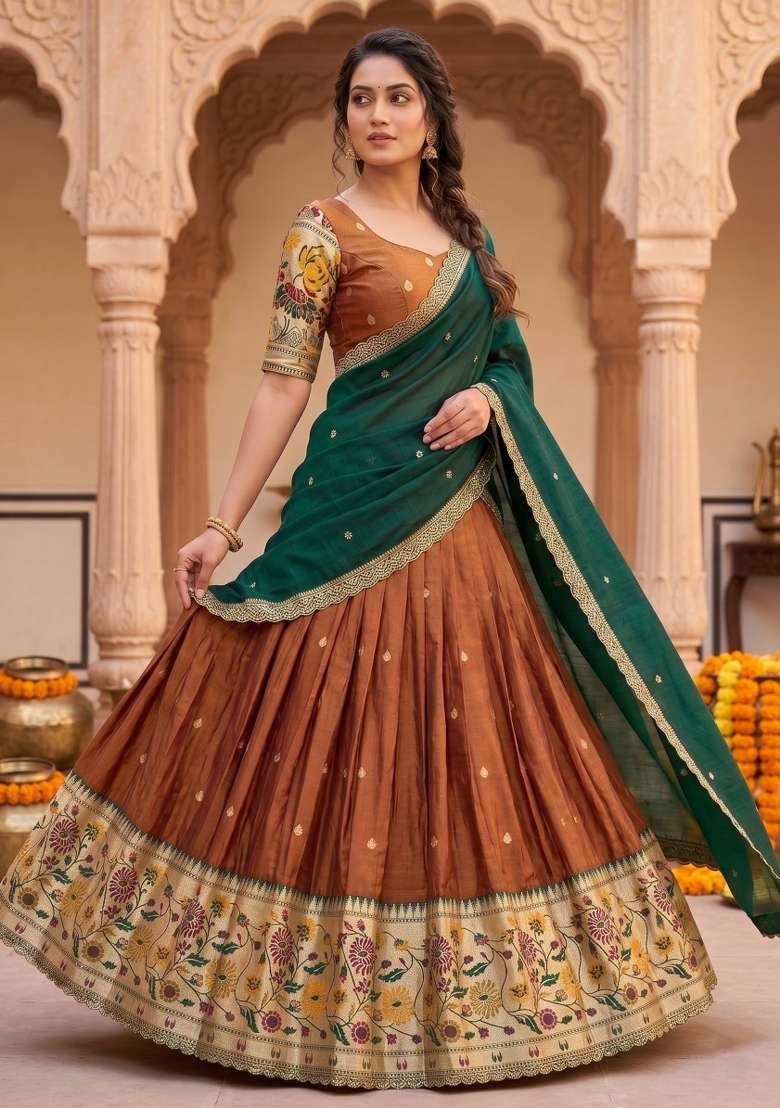 Brown Silk Blend Lehenga Set with Embroidered for Diwali | Wedding & Festive Wear - Indya