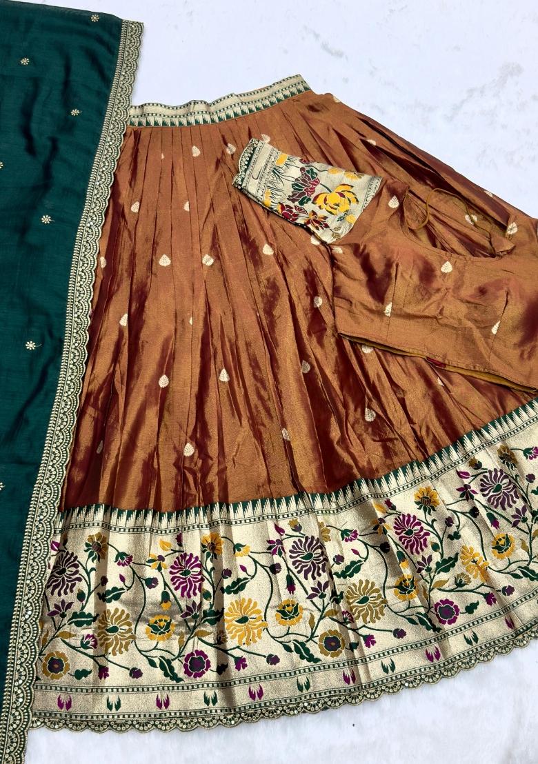 Brown Embroidered Silk Blend Lehenga Set - Indya