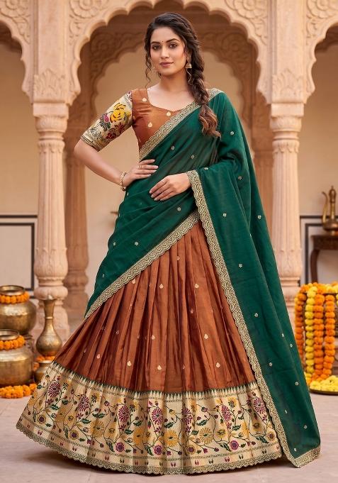 Brown Embroidered Silk Blend Lehenga Set
