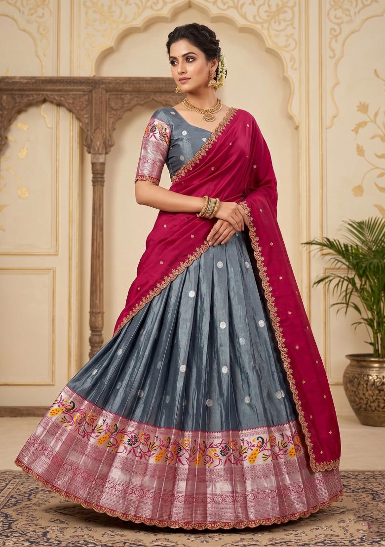 Grey Embroidered Silk Blend Lehenga Set - Indya