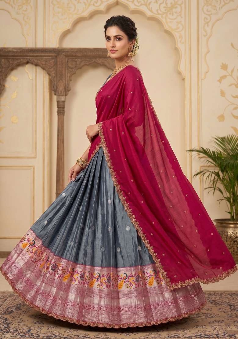 Grey Silk Blend Lehenga Set with Embroidered for Diwali | Wedding & Festive Wear - Indya