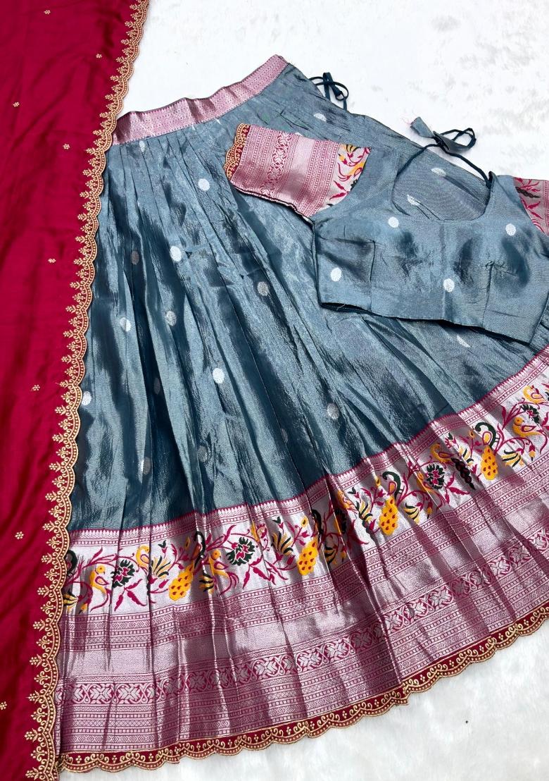 Grey Embroidered Silk Blend Lehenga Set - Indya