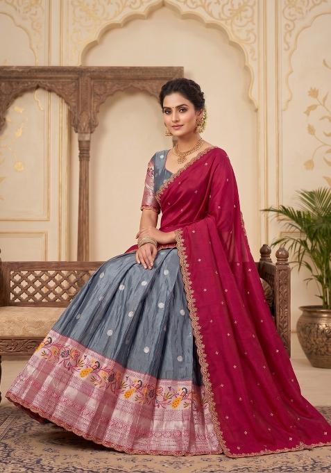 Grey Embroidered Silk Blend Lehenga Set