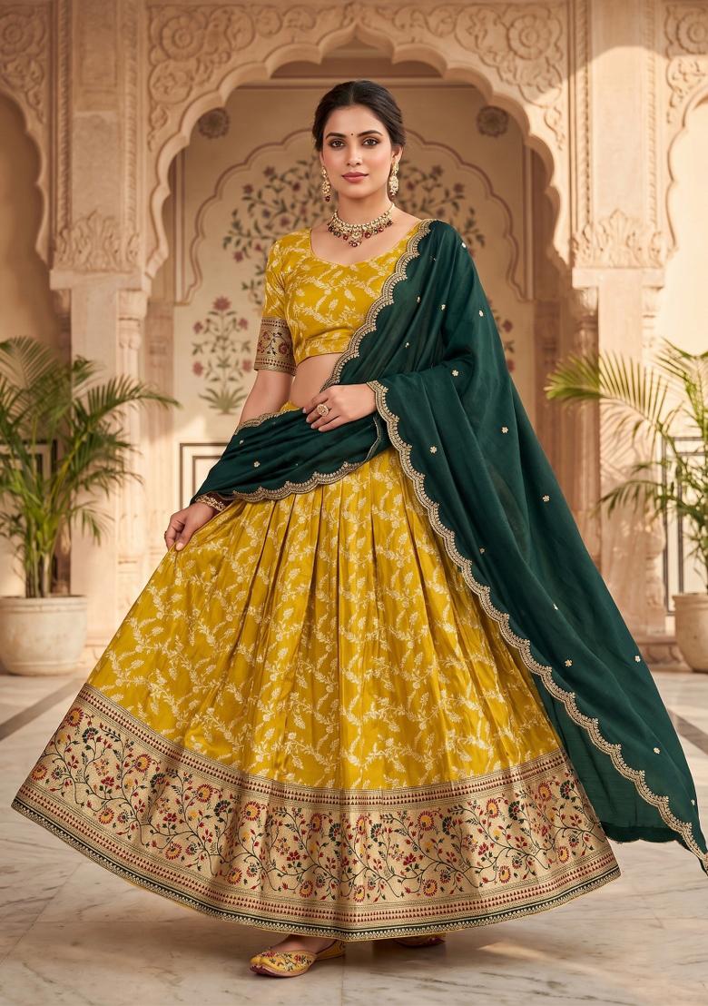 Yellow Embroidered Silk Blend Lehenga Set - Indya