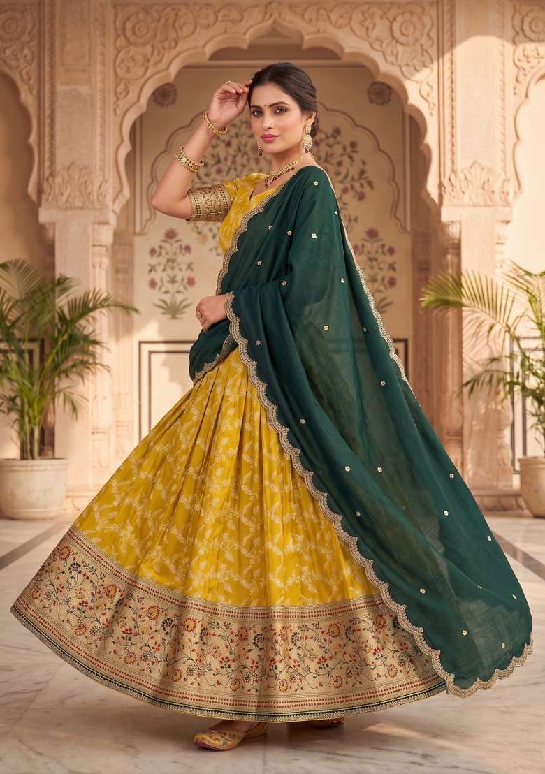 Yellow Silk Blend Lehenga Set with Embroidered for Diwali | Wedding & Festive Wear - Indya