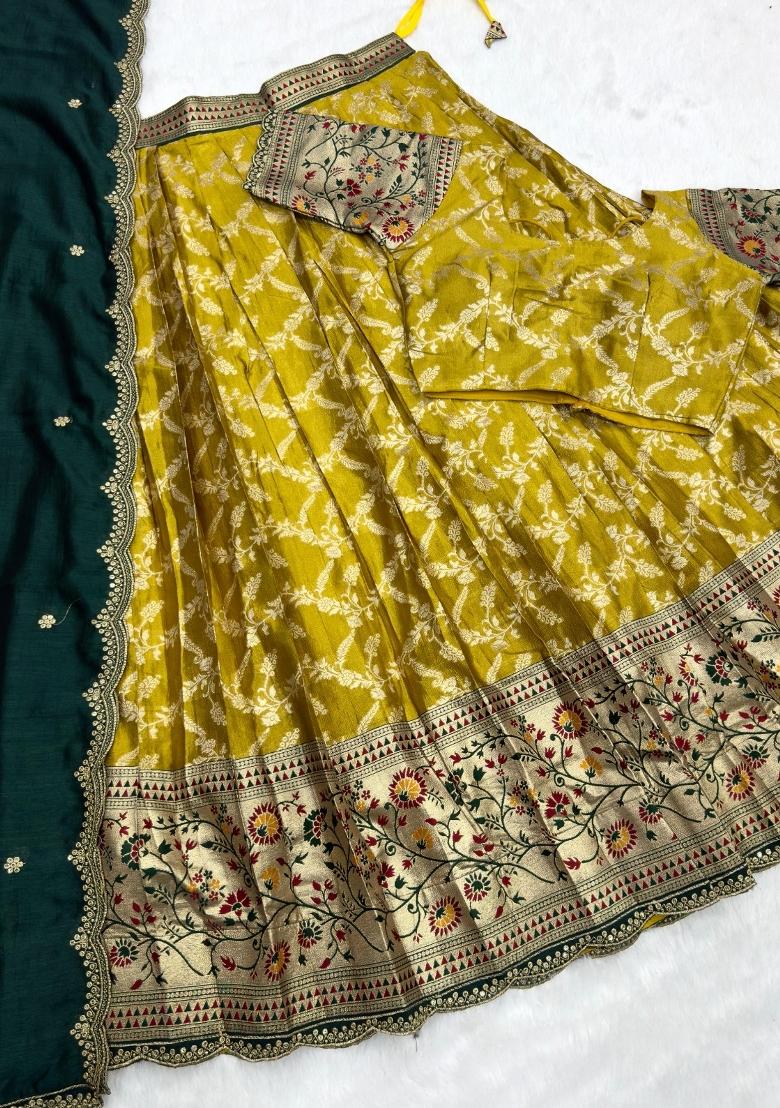 Yellow Embroidered Silk Blend Lehenga Set - Indya