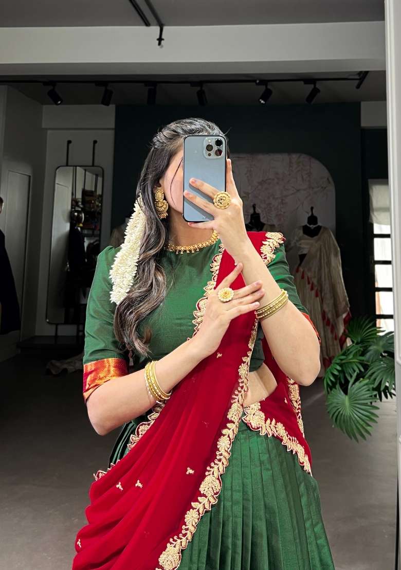 Green Zari Work Silk Blend Lehenga Set for Diwali and Festive Wear - Indya