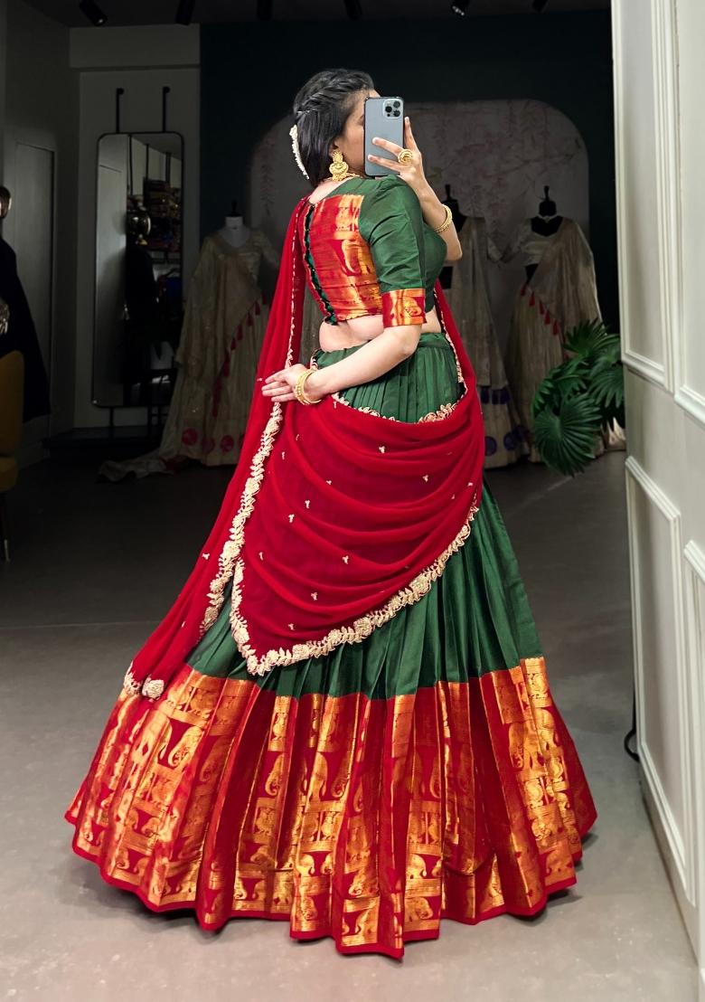 Green Zari Work Silk Blend Lehenga Set - Indya