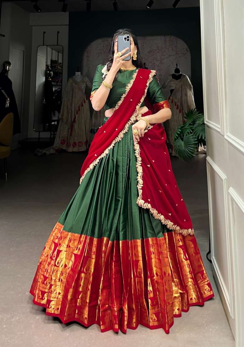 Green Zari Work Silk Blend Lehenga Set for Diwali and Festive Wear - Indya