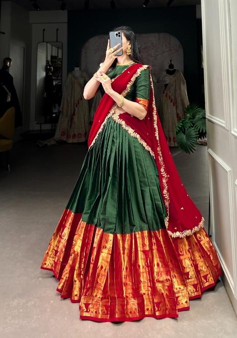 Green Zari Work Silk Blend Lehenga Set