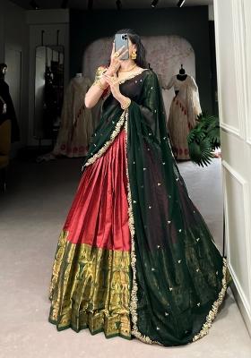 Red Zari Work Silk Blend Lehenga Set