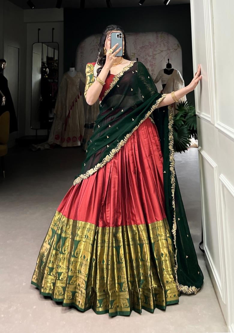 Red Zari Work Silk Blend Lehenga Set - Indya