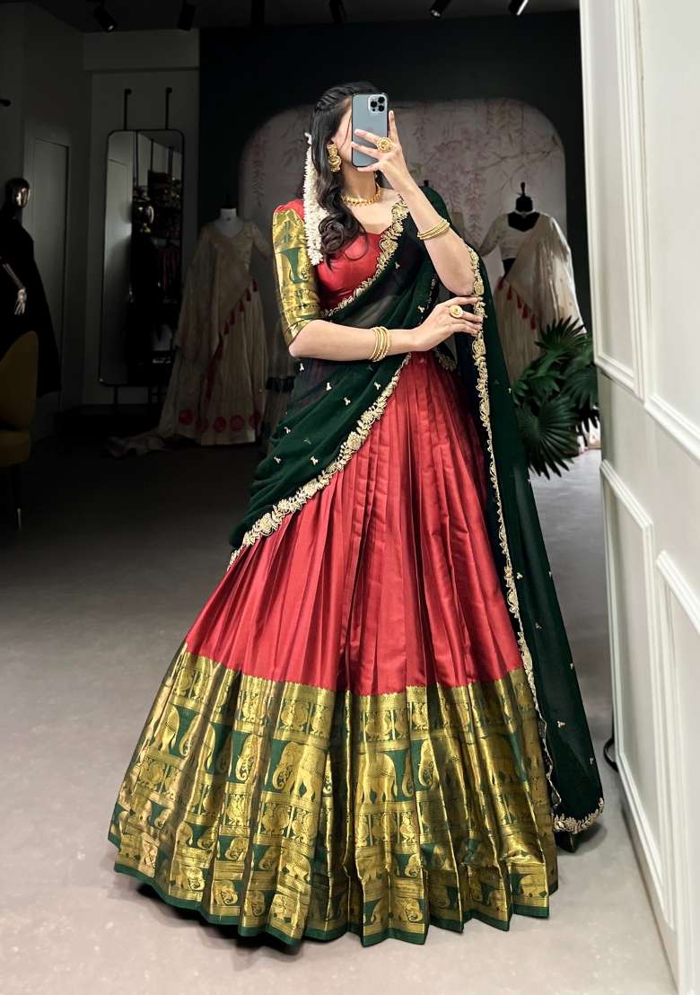 Red Zari Work Silk Blend Lehenga Set for Diwali and Festive Wear - Indya