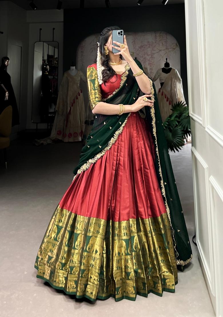 Red Zari Work Silk Blend Lehenga Set - Indya