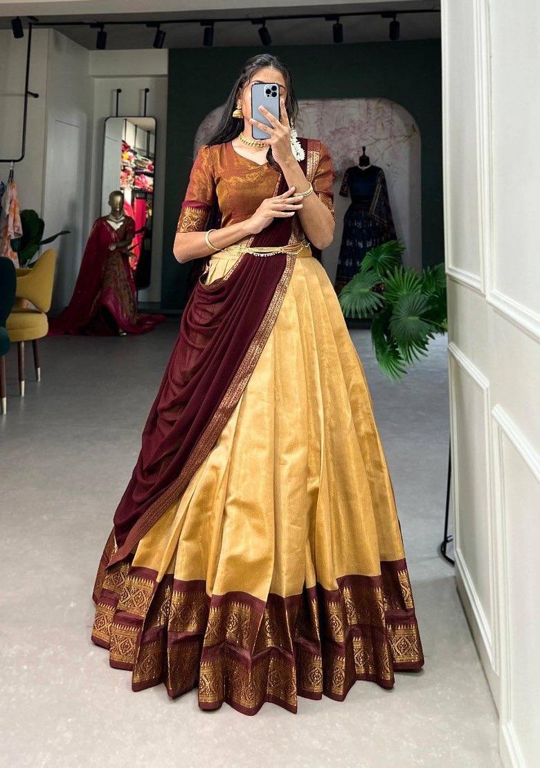 Cream Zari Work Silk Blend Lehenga Set - Indya