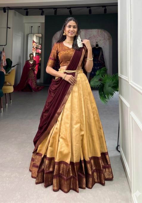Cream Zari Work Silk Blend Lehenga Set