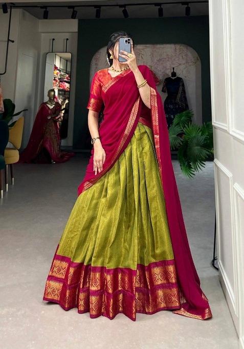 Pink Zari Work Silk Blend Lehenga Set