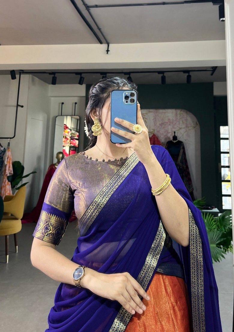 Blue Zari Work Silk Blend Lehenga Set - Indya