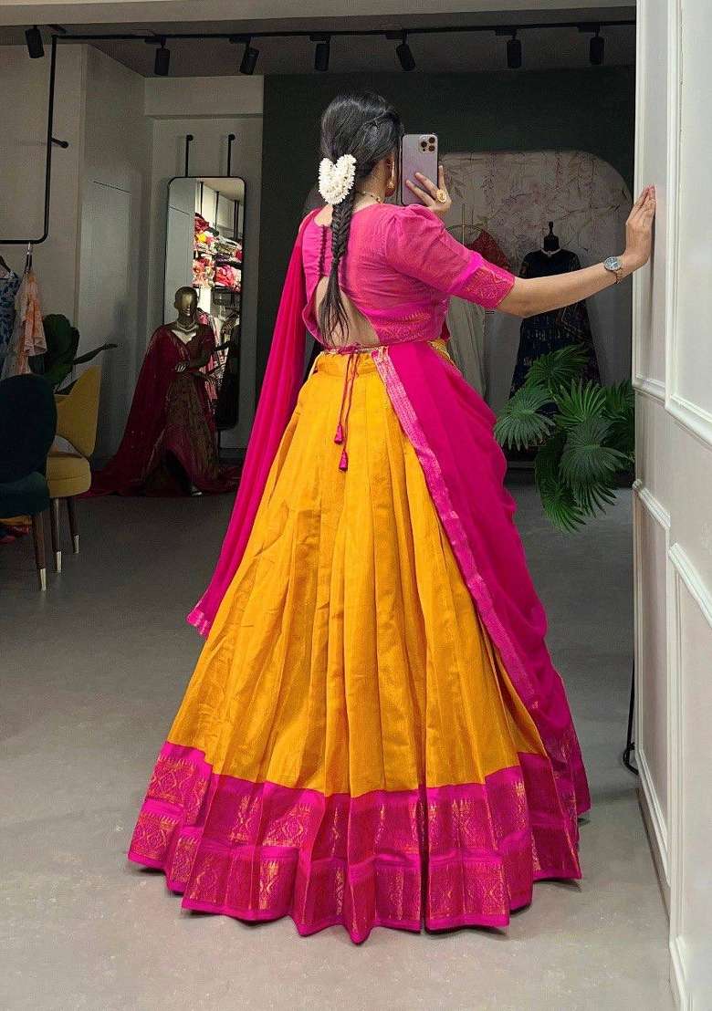 Pink Zari Work Silk Blend Lehenga Set for Diwali and Festive Wear - Indya
